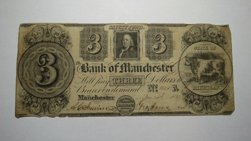 $3 1837 Manchester Michigan MI Obsolete Currency Bank Note Bill! Bank of MC!