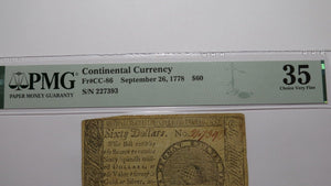 $60 1778 Continental Colonial Currency Note Bill Fifty Dollars PMG Graded VF35