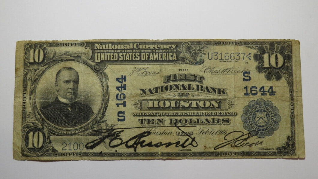 $10 1902 Houston Texas TX National Currency Bank Note Bill Charter #1644 FINE