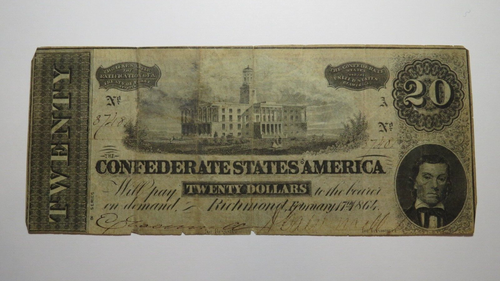 $20 1864 Richmond Virginia VA Confederate Currency Bank Note Bill RARE T67 VG