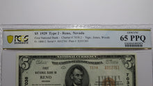 Load image into Gallery viewer, $5 1929 Reno Nevada NV National Currency Bank Note Bill Ch. #7038 PCGS UNC65PPQ