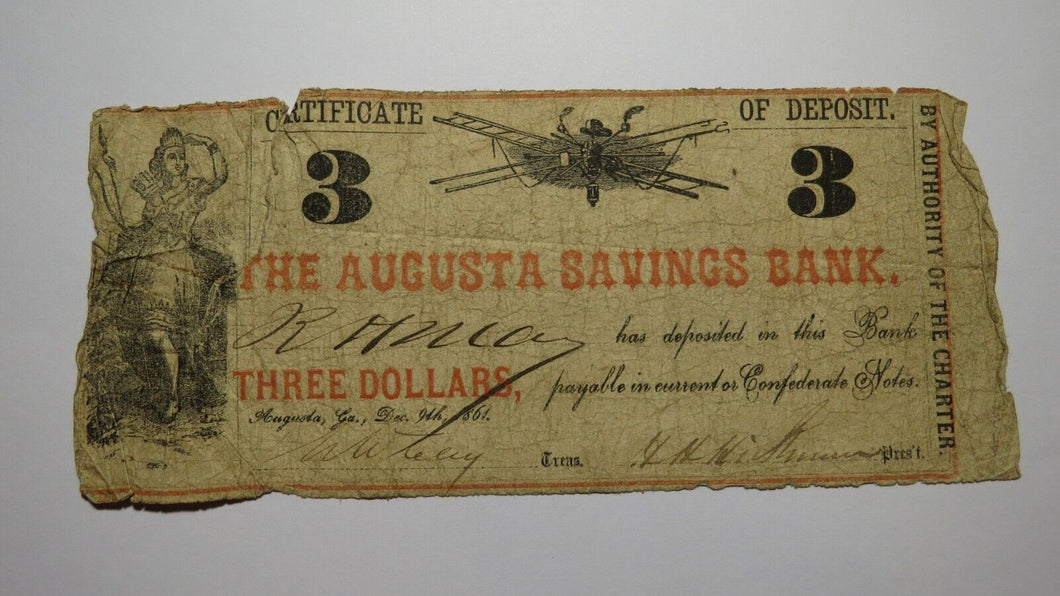 $3 1861 Augusta Georgia GA Obsolete Currency Bank Note Bill Savings Bank