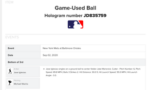 2020 Jose Iglesias Baltimore Orioles Game Used Single Baseball! 1B Hit! Wacha