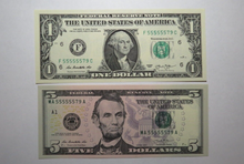 Load image into Gallery viewer, $ 1&amp; $5 2013 Matching 6 Digit Near Solid Serial Numbers Federal Reserve Notes