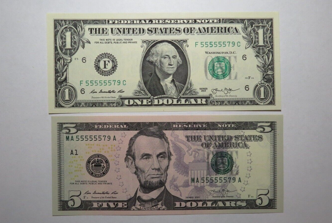 $ 1& $5 2013 Matching 6 Digit Near Solid Serial Numbers Federal Reserve Notes