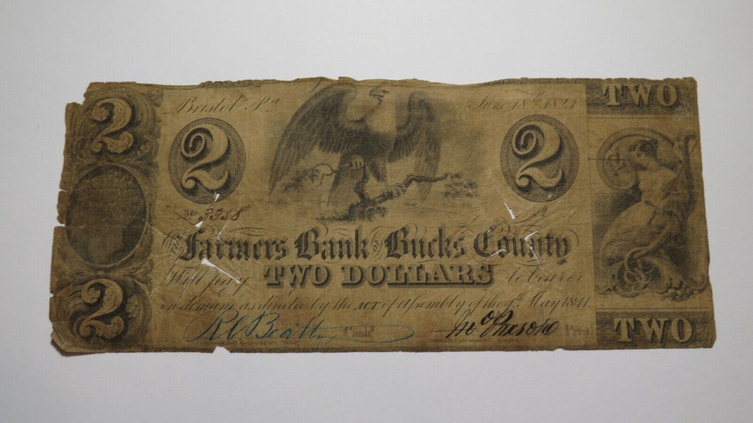 $2 1841 Bristol Pennsylvania PA Obsolete Currency Bank Note Bill! Bucks County