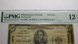 $5 1929 Winnemucca Nevada NV National Currency Bank Note Bill Ch. #3575 F12 PMG