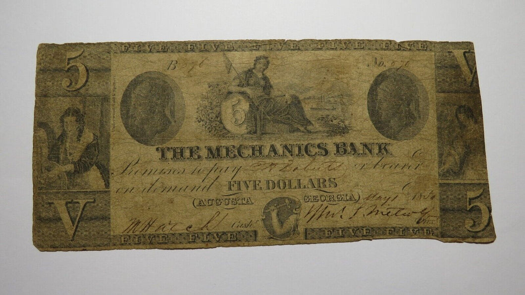 $5 1850 Augusta Georgia GA Obsolete Currency Bank Note Bill The Mechanics Bank