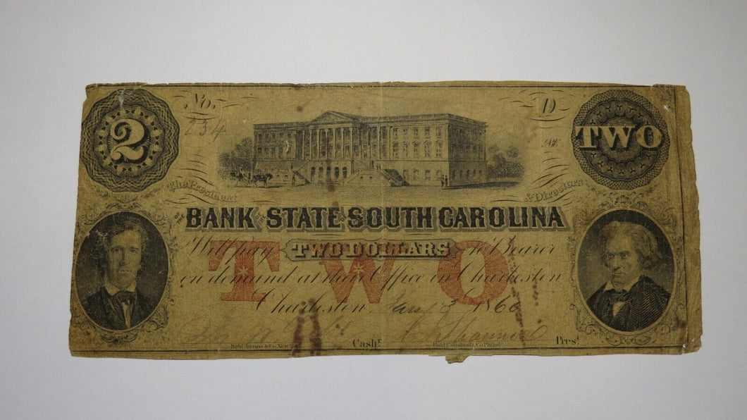 $2 1862 Charleston South Carolina SC Obsolete Currency Bank Note Bill Bank of SC