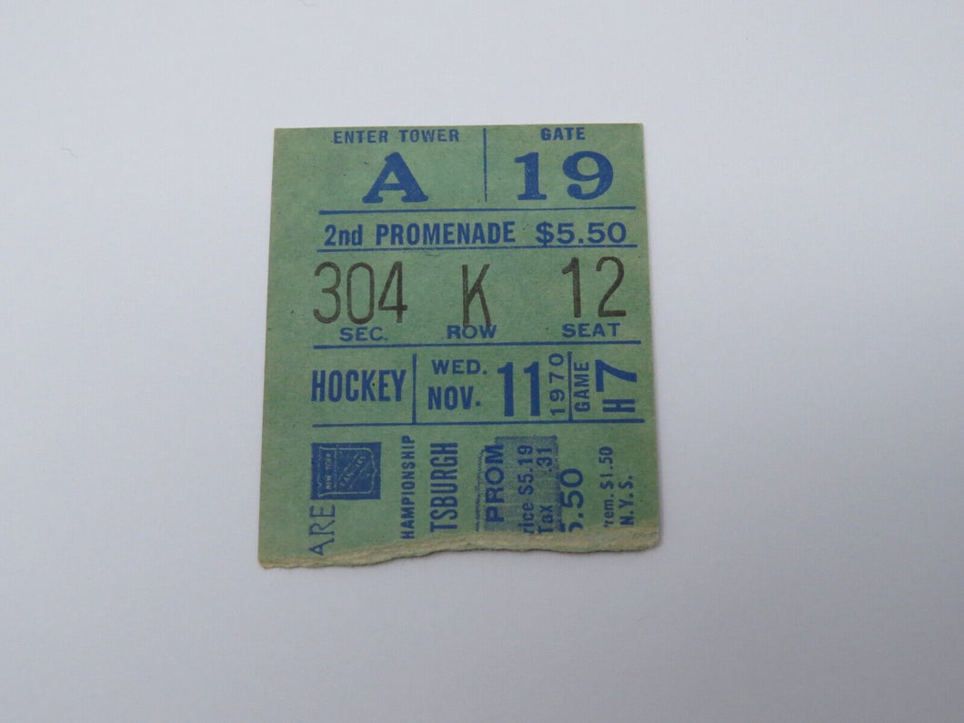November 11, 1970 New York Rangers Vs Pittsburgh Penguins NHL Hockey Ticket Stub