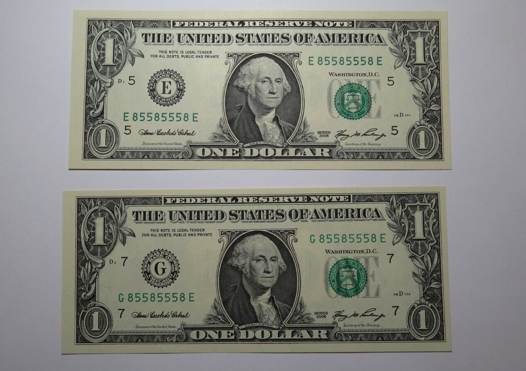 2 $1 2006 Matching 6 Digit Near Solid Serial Numbers Federal Reserve Notes