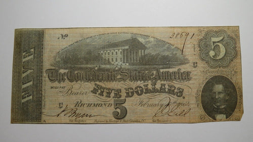 $5 1864 Richmond Virginia VA Confederate Currency Bank Note Bill RARE T69 VF