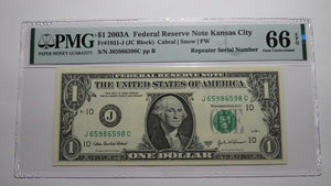 $1 2003A Repeater Serial Number Federal Reserve Currency Bank Note Bill UNC66EPQ