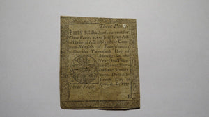 1777 Three Pence Pennsylvania PA Colonial Currency Bank Note Bill RARE ISSUE 3d