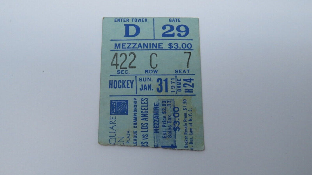 January 31, 1971 New York Rangers Vs. Los Angeles Kings NHL Hockey Ticket Stub