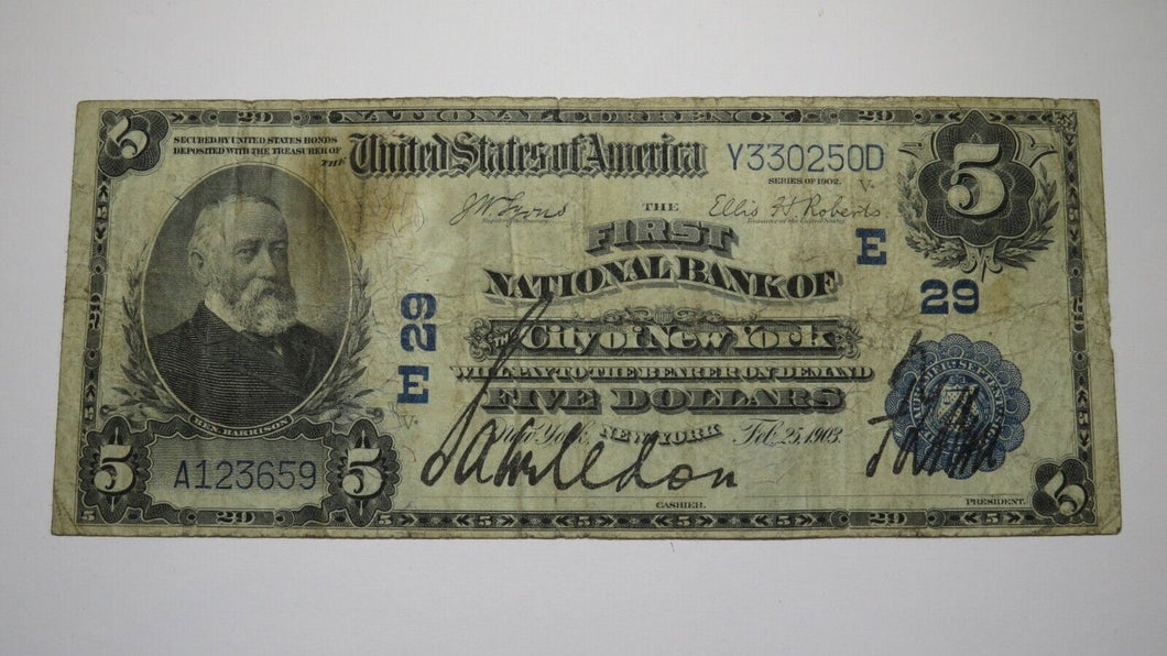 $5 1902 New York City NY National Currency Bank Note Bill! Charter #29 A Prefix