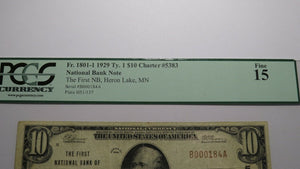 $10 1929 Heron Lake Minnesota MN National Currency Bank Note Bill #5383 F15 PCGS