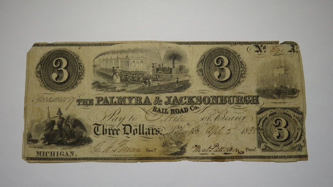$3 1838 Palmyra Michigan MI Obsolete Currency Bank Note Bill! Jacksonburgh RR