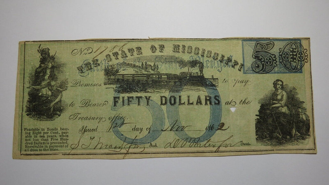 $50 1862 Jackson Mississippi Obsolete Currency Bank Note Bill State of MS