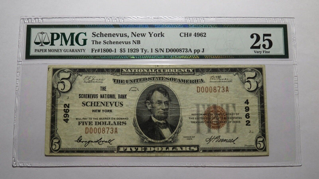 $5 1929 Schenevus New York NY National Currency Bank Note Bill Ch #4962 VF25 PMG