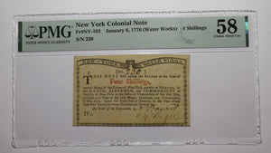 1776 Four Shillings New York Water Works Colonial Currency Bank Note Bill AU58