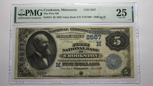 $5 1882 Crookston Minnesota MN National Currency Bank Note Bill #2567 VF25 PMG