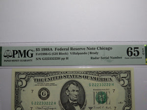 $5 1988 Radar Serial Number Federal Reserve Currency Bank Note Bill PMG UNC65EPQ