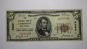 $5 1929 Fairmont West Virginia WV National Currency Bank Note Bill! Ch. #9462 VF