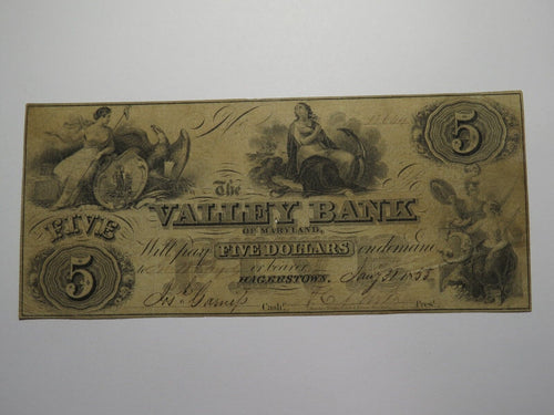 $5 1855 Hagerstown Maryland MD Obsolete Currency Bank Note Bill Valley Bank