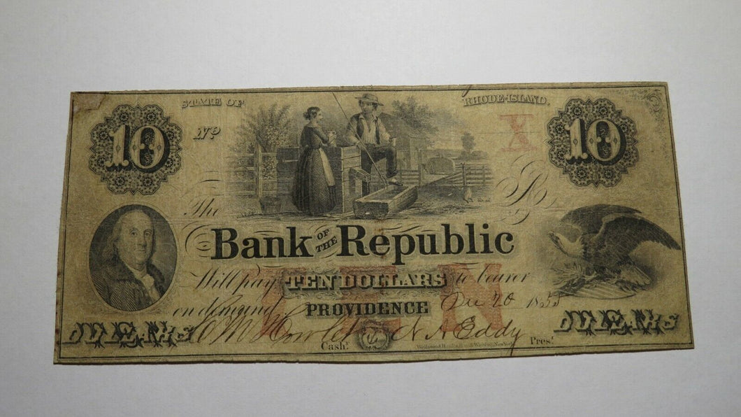 $10 1855 Providence Rhode Island RI Obsolete Currency Bank Note Bill! Republic
