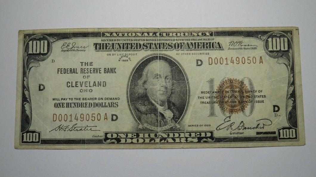$100 1929 Cleveland Ohio OH National Currency Note Federal Reserve Bank Note VF