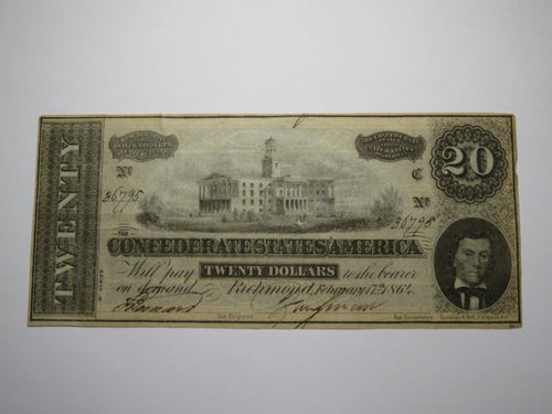 $20 1864 Richmond Virginia VA Confederate Currency Bank Note Bill T67 Very Fine+