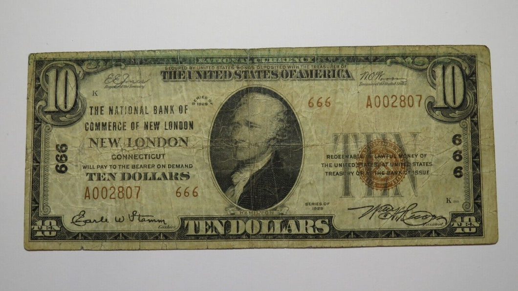 $10 1929 New London Connecticut CT National Currency Bank Note Bill #666 RARE!