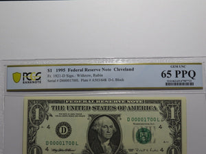 $1 1995 Low Fancy Serial Number Federal Reserve Bank Note Bill UNC65 PMG #1700