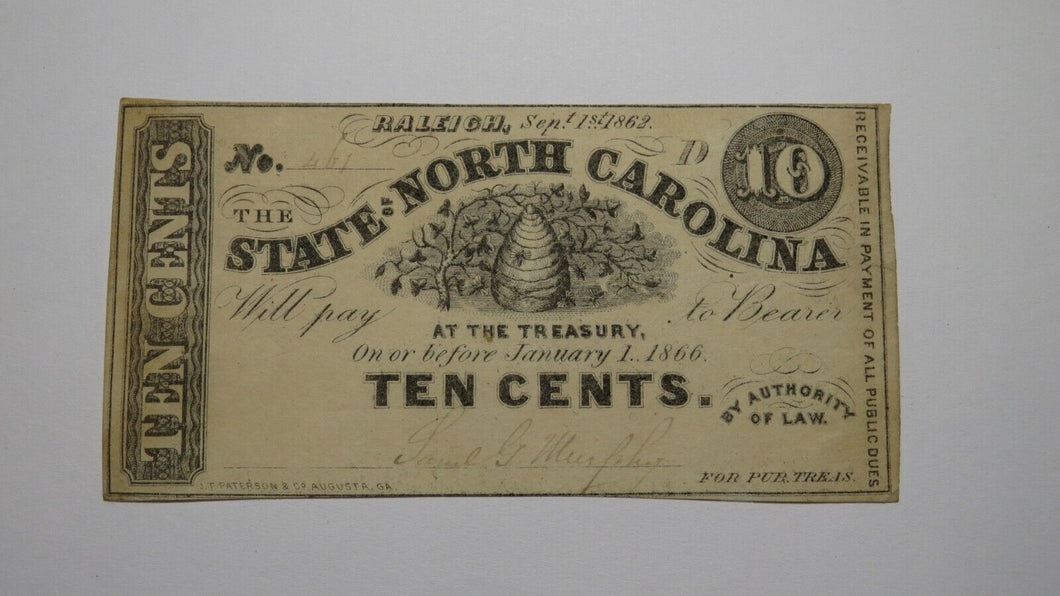 $.10 1862 Raleigh North Carolina Obsolete Currency Bank Note Bill Fractional