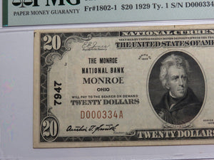 $20 1929 Monroe Ohio OH National Currency Bank Note Bill Charter #7947 VF35 PMG