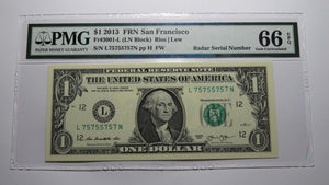 $1 2013 Radar Serial Number Federal Reserve Currency Bank Note Bill PMG UNC66EPQ