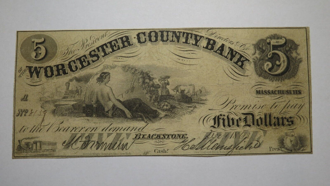 $5 1863 Blackstone Massachusetts Obsolete Currency Bank Note Bill Worcester Cty
