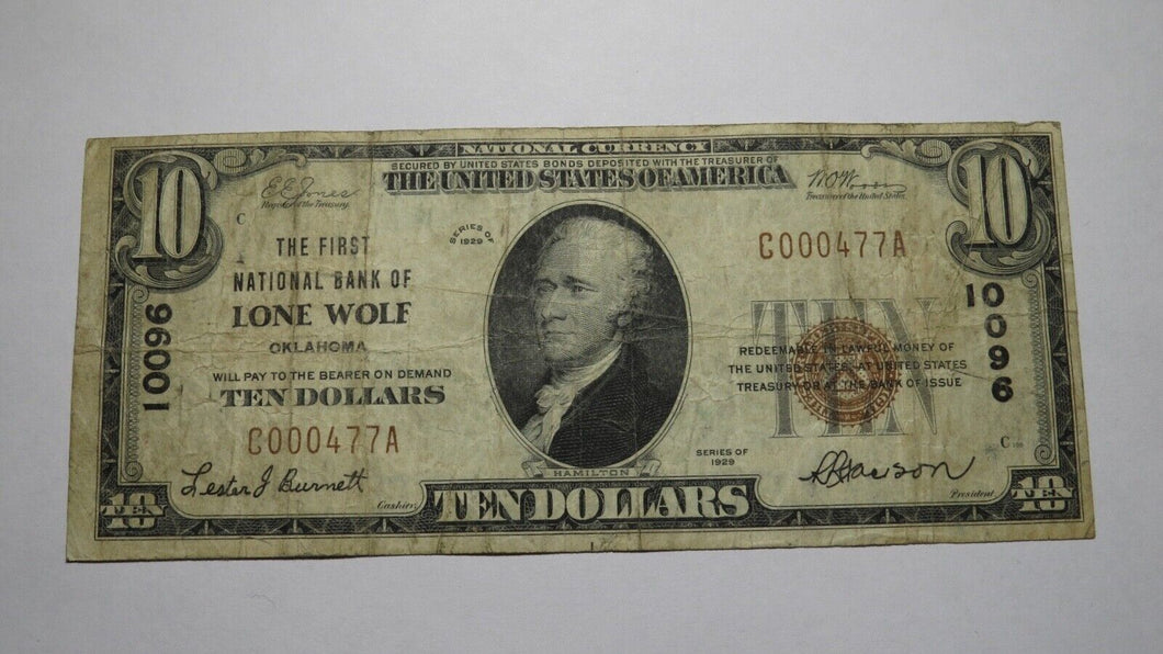 $10 1929 Lone Wolf Oklahoma OK National Currency Bank Note Bill Ch. #10096 RARE!