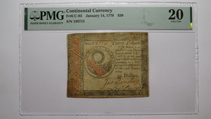 $30 1779 Continental Colonial Currency Note Bill Fifty Dollars PMG Graded VF20