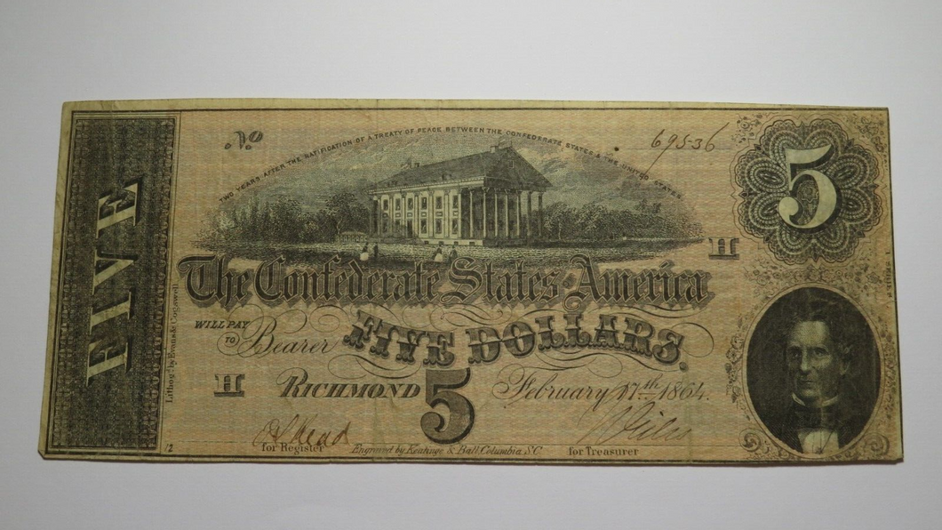 $5 1864 Richmond Virginia VA Confederate Currency Bank Note Bill RARE! T69 Fine
