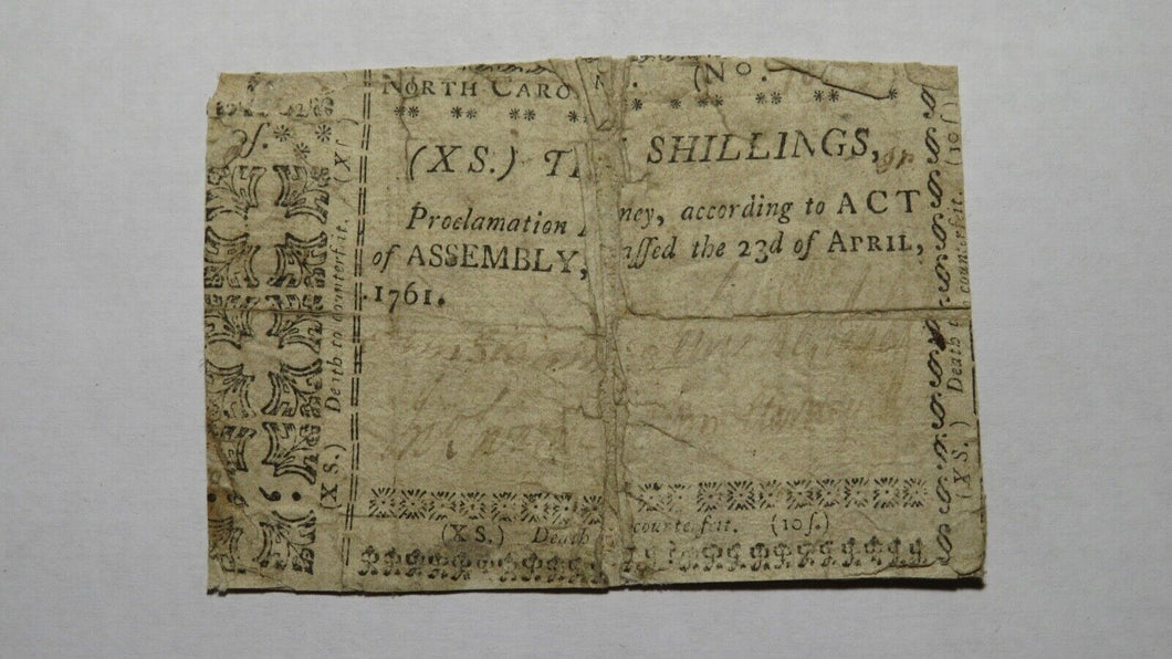 1761 Ten Shillings North Carolina NC Colonial Currency Note Bill! 10s! RARE!