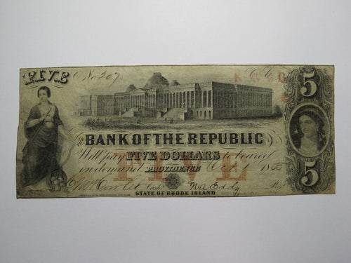 $5 1855 Providence Rhode Island RI Obsolete Currency Bank Note Bill Republic!