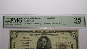 $5 1929 Nash Oklahoma OK National Currency Bank Note Bill Ch #11306 VF25 PMG