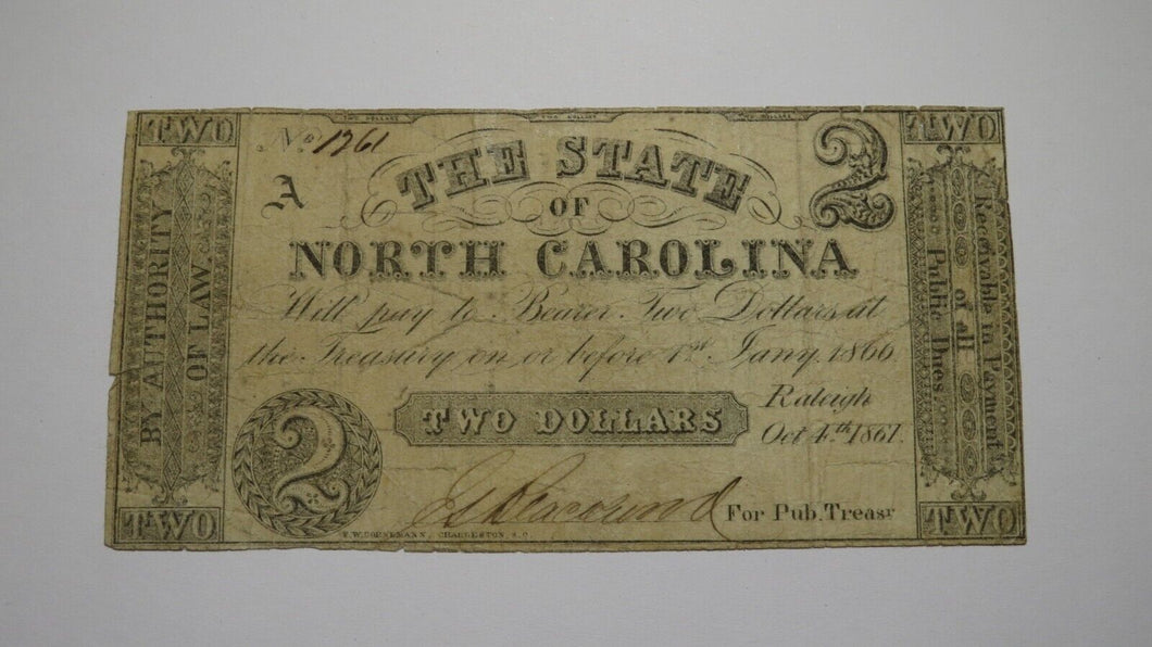 $2 1861 Raleigh North Carolina Obsolete Currency Bank Note Bill State of NC FINE