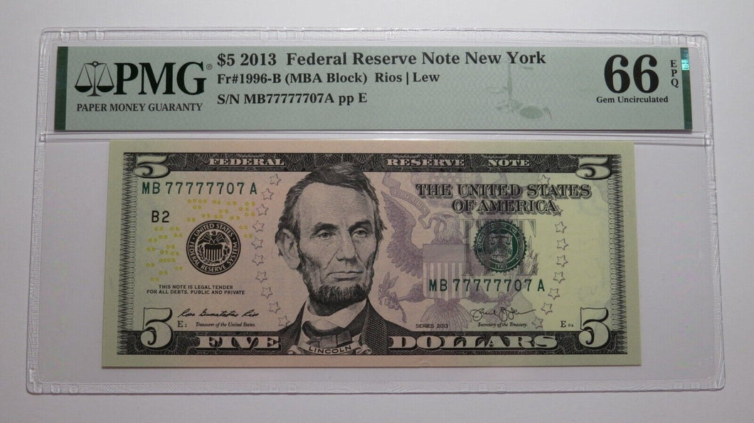 $5 2013 Near Solid Serial Number Federal Reserve Bank Note Bill UNC66 77777707