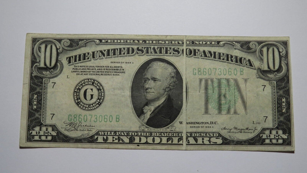 $10 1934-A Gutter Fold Error Federal Reserve Bank Note Currency Bill Very Fine!