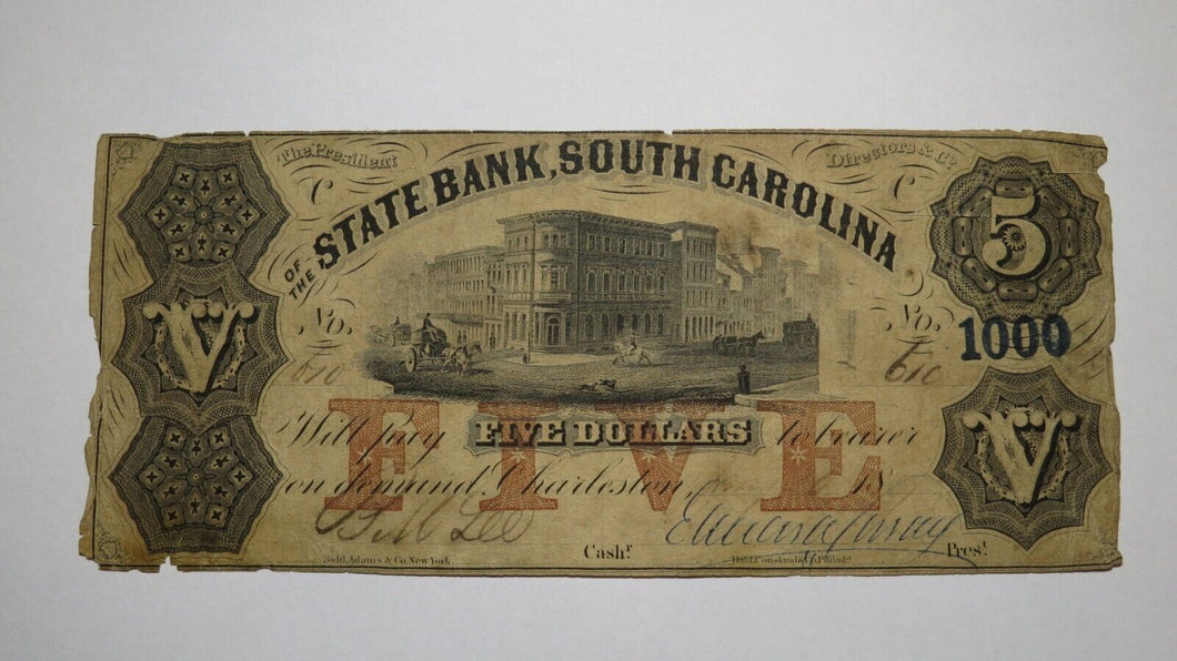 $5 1857 Charleston South Carolina SC Obsolete Currency Bank Note Bill State Bank