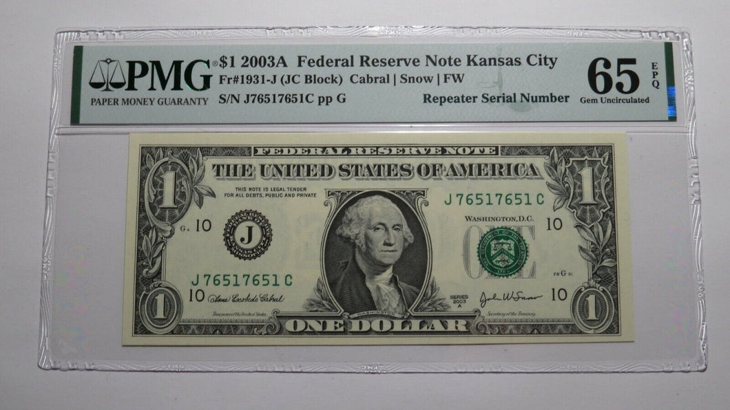 $1 2003 Repeater Serial Number Federal Reserve Currency Bank Note Bill UNC65EPQ