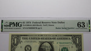$1 1974 Radar Serial Number Federal Reserve Currency Bank Note Bill PMG UNC63EPQ
